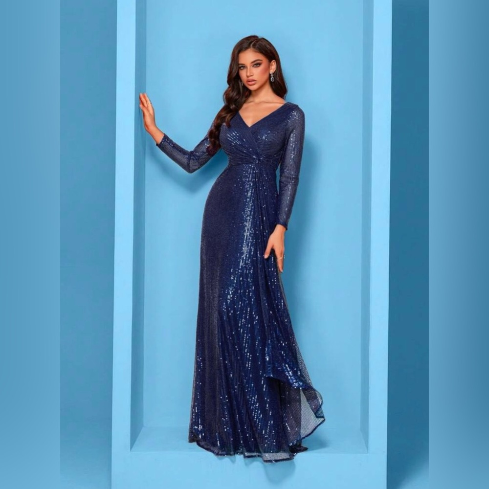 Glamorous Long Sleeve Sequin Gown - Navy